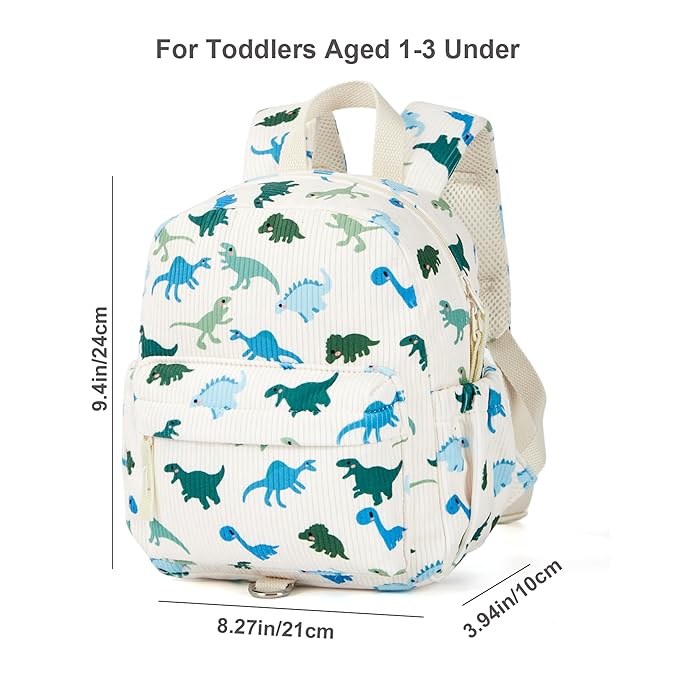 Corduroy Toddler Backpack with Detachable Leash and Anti-Lost Wrist Link, Safety Harness Walking Backpack for Toddler Boys Girls 1-3, Cute Dinosaur Travel Backpack with Leash for Kids