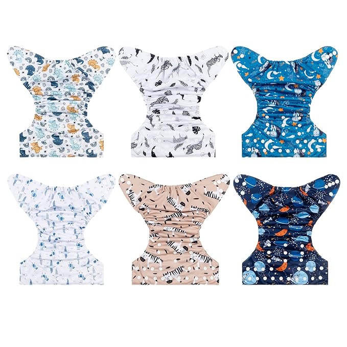 babygoal Reusable Cloth Diapers 6 Pack+6pcs Rayon from Bamboo Inserts+Wet Bag, One Size Adjustable Washable Pocket Nappy Covers for Baby Boys and Girls