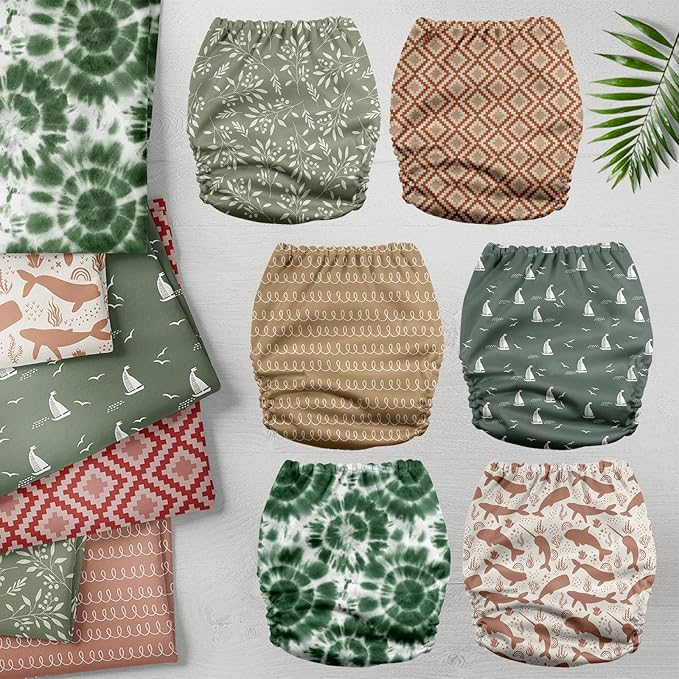 Mama Koala 3.0 Pocket Cloth Diapers for Babies with AWJ Lining, 6 Pack with 6 5-Layer Natural Cloth Diaper Inserts - Reusable and Washable Pocket Diapers(A-Calm Spring)