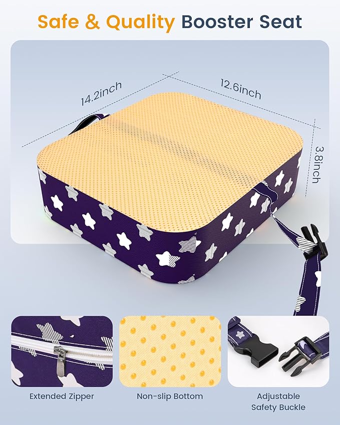 Toddler Booster Seat for Dining Table and Kitchen Chair – Adjustable Safety Straps, Non-Slip, Easy to Clean, Portable Travel Foam Booster Cushion Seat for Kids & Toddlers (Purple-Star)