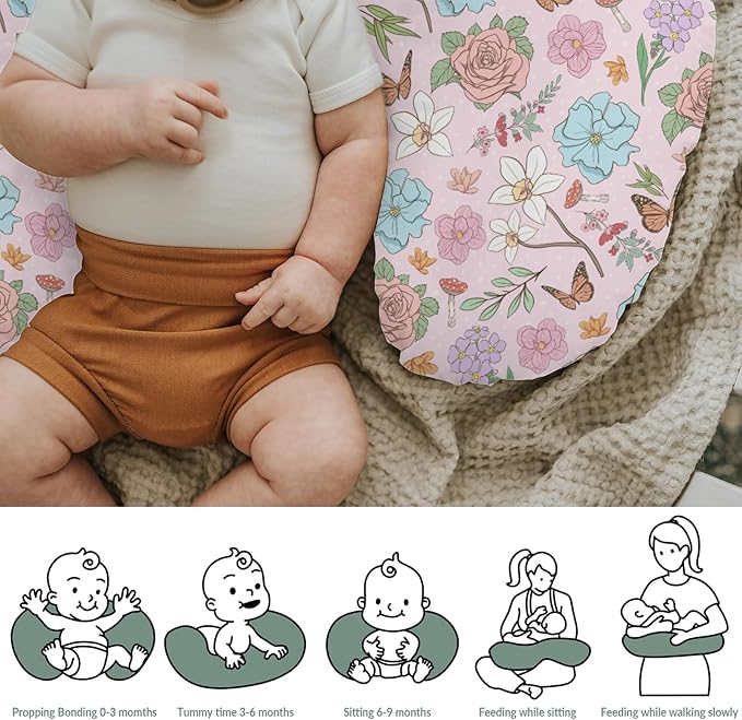 Vintage Wildflowers Baby Nursing Pillow Covers for Boy Girl Pink Floral Leaves Mushroom Butterflies Nursery Pillowcase for Breastfeeding Pillows Spring Garden Soft Stretchy Slipcovers for Newborn