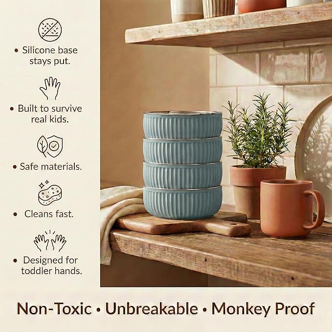 Monkey Proof™ Non-Toxic Stainless Steel Child Bowl 5” with Non-Slip Grooved Silicone Shell, (Set of 4 bowls) Unbreakable, Mess Free Feeding for Babies, Toddlers, Kids, BPA free (Stormy Sky Grooved)