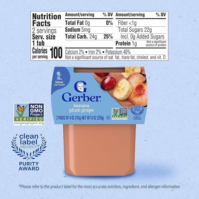 Gerber Stage 2 Baby Food, Banana Plum Grape Puree Tubs, No Artificial Colors or Flavors, Baby Puree, 16-Pack