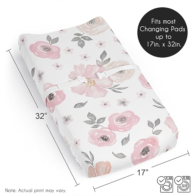 Sweet Jojo Designs Baby Changing Pad Cover Sheet (Pink/Grey Boho Floral) for Girls, Infant/Newborn Diaper Table Change Mat Covers (Blush, Rose, Gray, Flower, Bohemian, Farmhouse, Wildflower, Elegant)