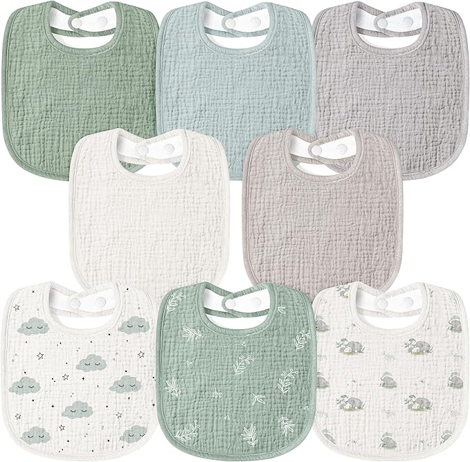 Susurration Muslin Baby Bibs 8 Pack Bandana Drool Bibs, Soft Square Adjustable Baby Drooling Bibs for Unisex Girls & Boys