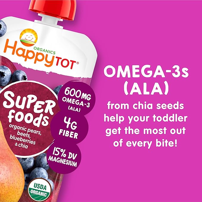 HAPPYTOT Organics Stage 4 Baby Food Pouches, Gluten Free, Vegan Snack, SuperFoods Fruit & Veggie Puree, Pears, Blueberries, Beets & Chia, 4.22 Ounce (Pack of 16)