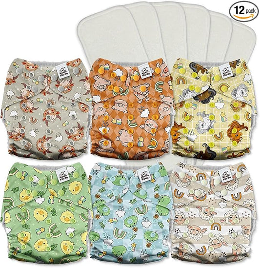 Mama Koala 3.0 Cloth Diapers for Babies with AWJ Lining, 6 Pack with 6 5-Layer Natural Cloth Diaper Inserts - Reusable and Washable Pocket Diapers(A-Farm Animals)