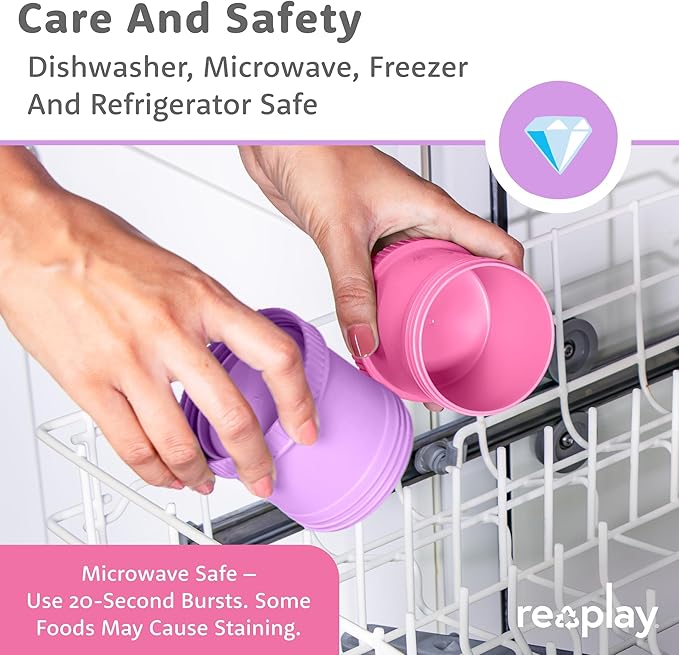 Re-Play Snack Stack Toddler Containers, 2 Sets - Stackable Cups with Travel Lid & Strap for On-the-Go, BPA-Free, Made in USA, Bright Pink/Purple