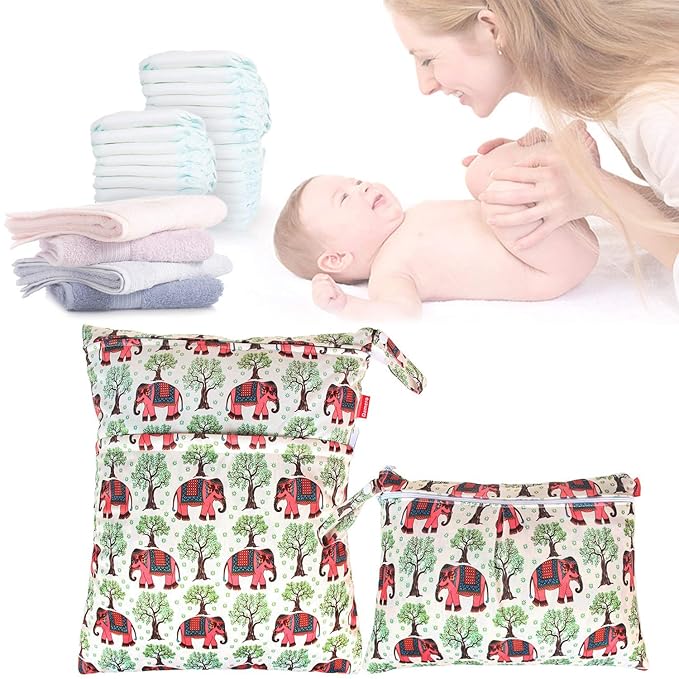 Damero 2pcs Travel Wet and Dry Bag, Reusable Wet Bags Organizer with Two Zippered Pocket for Cloth Diaper, Pumping Parts, Swimsuit and Gym, Elephants