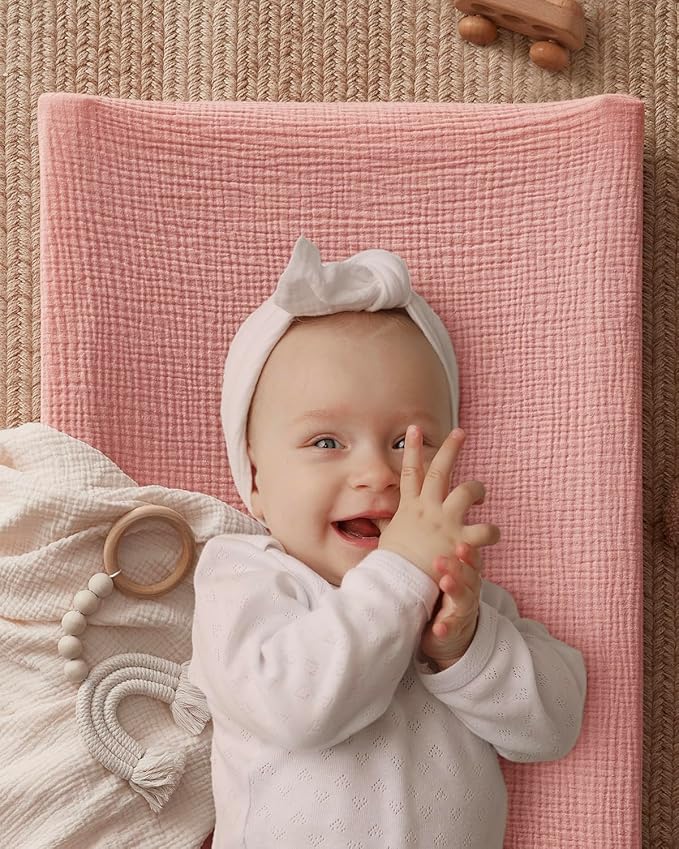 Blissful Diary Muslin Changing Pad Cover for Baby Girls, Ultra Soft Breathable Cotton, Baby Diaper Change Table Pad Covers, 2Pack (Pink Floral & Light Pink)