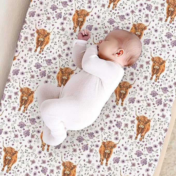 Highland Cow Flowers Floral Leaves Pattern Baby Changing Pad Cover, Unisex Western Farm Animals Nursery Diaper Changing Table Pad Mat Sheet for Boys Girls-16x32