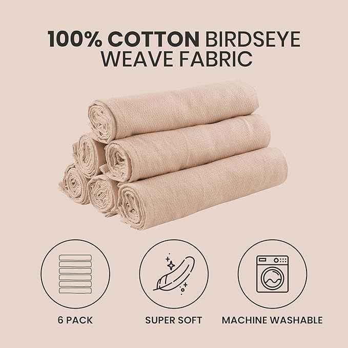 Deluxe 100% Natural Cotton Birdseye Cloth Diapers for Babies - Absorbent Cloth Diapers Burp Cloths - Oat - 6 Pack