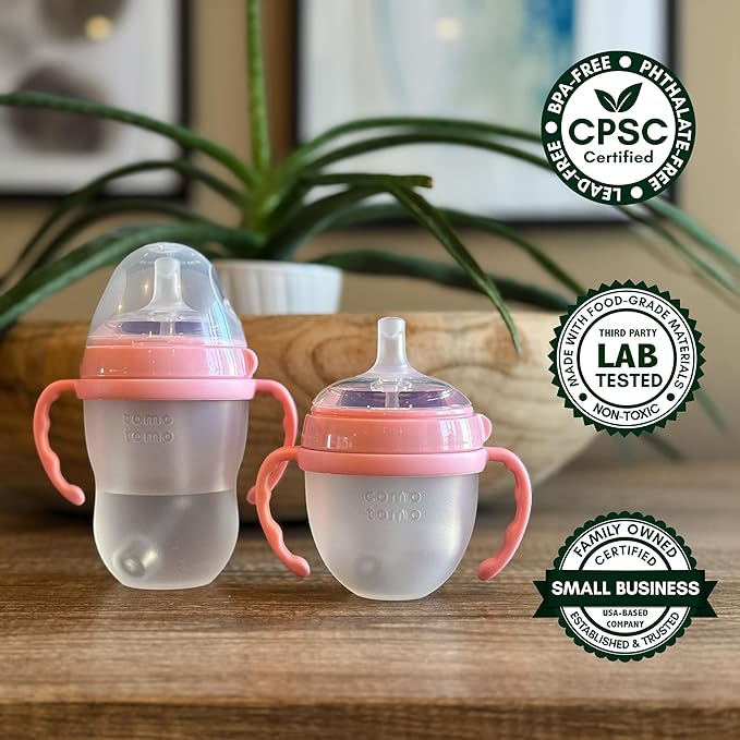 Straw Cup Conversion Kit for Comotomo Baby Bottles 2-Count, Food Grade Silicone Straw Top Nipples, All Silicone Weighted Straw, Bottle Handles, Cleaning Brush, BPA Free, 6+ Months (Straw Top, Pink)