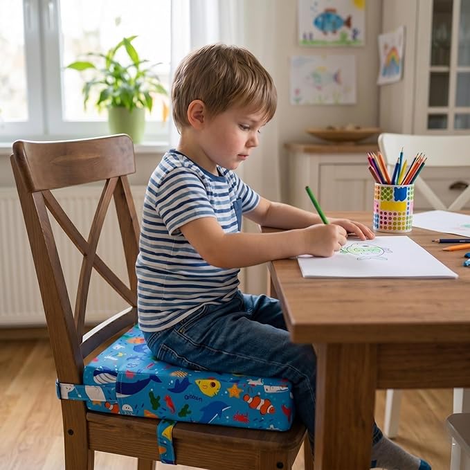Toddler Booster Seat for Dining Table & Kitchen Chairs - Premium Foam with Non-Slip Bottom & Double Adjustable Straps, Safety Certified, Portable Travel &Easy to Clean (Blue-Ocean)