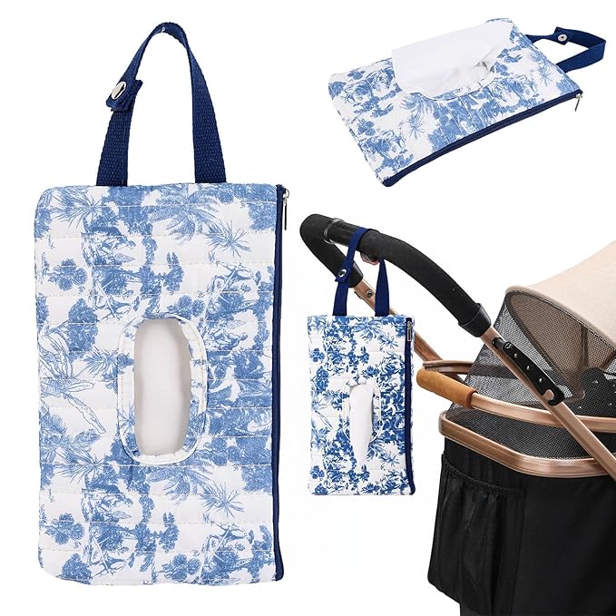 Quilted Baby Wipe Holder, Canvas Floral Quilted Pouch with Hanging Strap, Portable Diaper Wipe Holder for Travel Stroller-Grand Classical Blue
