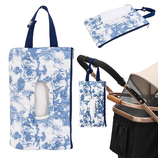 Quilted Baby Wipe Holder, Canvas Floral Quilted Pouch with Hanging Strap, Portable Diaper Wipe Holder for Travel Stroller-Grand Classical Blue