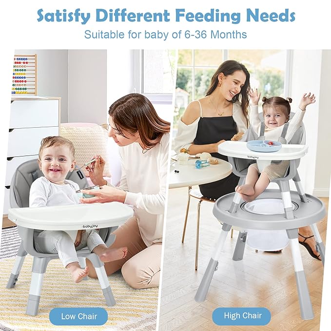 BABY JOY 7 in 1 Baby High Chair, Convertible High Chairs for Babies and Toddlers, Building Block Table, Toddler Chair with Adjustable Legs, Removable Tray, Storage Basket, Safety Harness (Gray)
