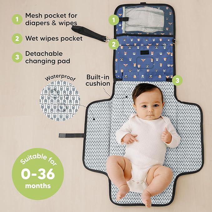 KeaBabies Portable Diaper Changing Pad, Travel, Car - Large Waterproof Baby Changing Mat, Wipeable, Padded, On The Go Travel Diaper Clutch Bag, Easy to Use Pockets for Newborn Essentials (Pets & Paws)