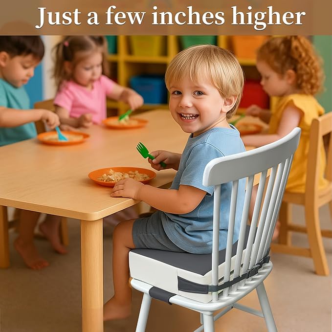 Toddler Booster Seat for Dining Table – PU Washable Cushion with Double Safe Straps, Non-Slip Bottom, Portable Travel Booster Seat for Toddlers (Dark Grey