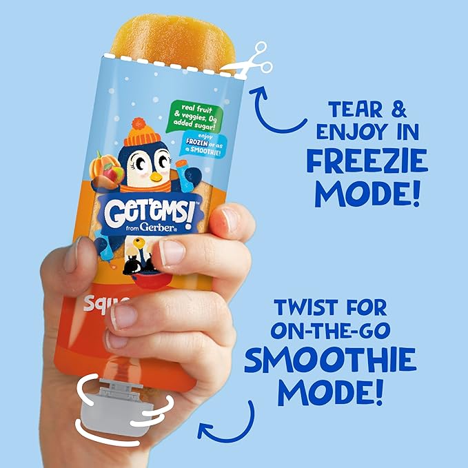 Get'ems from Gerber, Squeezies, Apple Sweet Potato Splash Kids Smoothie Pouch, Fruit and Veggie Pouches, Ice Pops, Freezie Fruit Pops, Snacks for Kids, 8-Pack