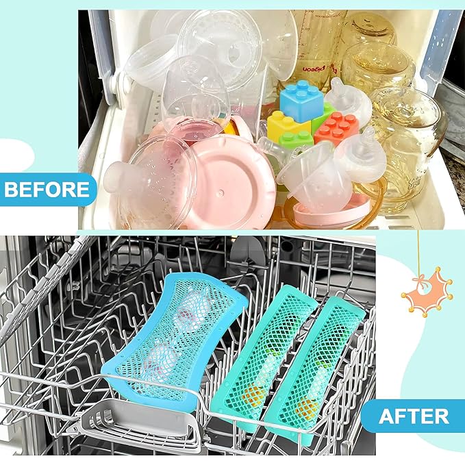 Silicone Dishwasher Basket for Baby Items Dishwasher Bag for Small Items Dishwasher Bottle Parts Basket Bottle Nipples Baby Dishwasher Breast Pump Accessories Pacifier Toy Parts (Blue, Green)