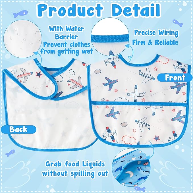 6Pcs Baby Bibs for Eating Toddler Adjustable Feeding Bibs with Crumb Catcher Pocket Waterproof Sleeveless Teething Plastic Food Bib Set Infant Keepsake Gift for Baby Shower, 6-24 Months