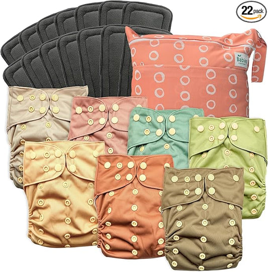 7-Pack Reusable Cloth Diapers with AWJ Interior – Includes 14 Absorbent Inserts and 1 Wet Bag – Adjustable, Waterproof, and Washable (Moss & Maple, Charcoal Inserts)