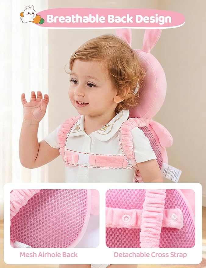 JunNeng Baby Head Protector Backpack with Squeaker，Toddler Head Safety Protection Cushion, Pink Bunny