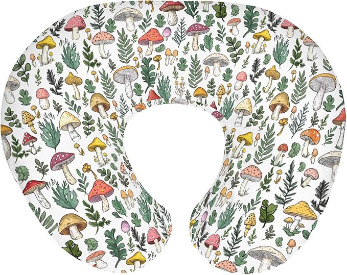 Colorful Mushrooms Green Leaves Baby Nursing Pillow Covers for Boy Girl Fall Mushroom Forest Nursing Pillowcase for Breastfeeding Pillows Autumn Soft Stretchy Slipcovers for Newborn Infant