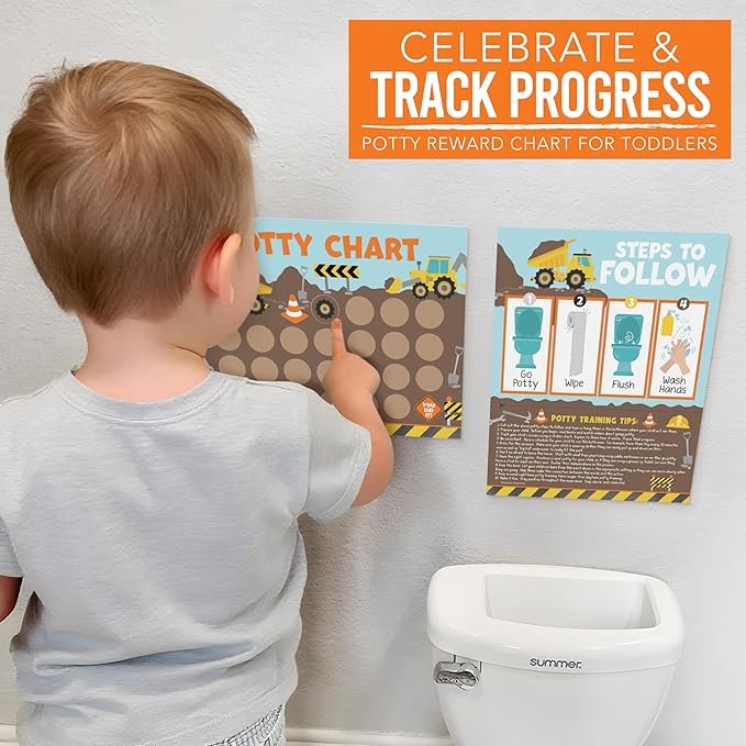 Hadley Designs Potty Training Chart for Toddlers Boys -10 Sticker Potty Chart for Toddlers Boys, 8.5x11" Potty Training Sticker Charts for Toilet Success, Construction Toddler Reward Chart for Kids
