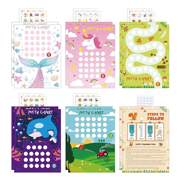Adullpony Potty Training Chart Potty Training Sticker Chart – 5 Fun Styles Potty Sticker Chart with Rewards for Toddlers Girls, Motivational Potty Training Rewards for Kids