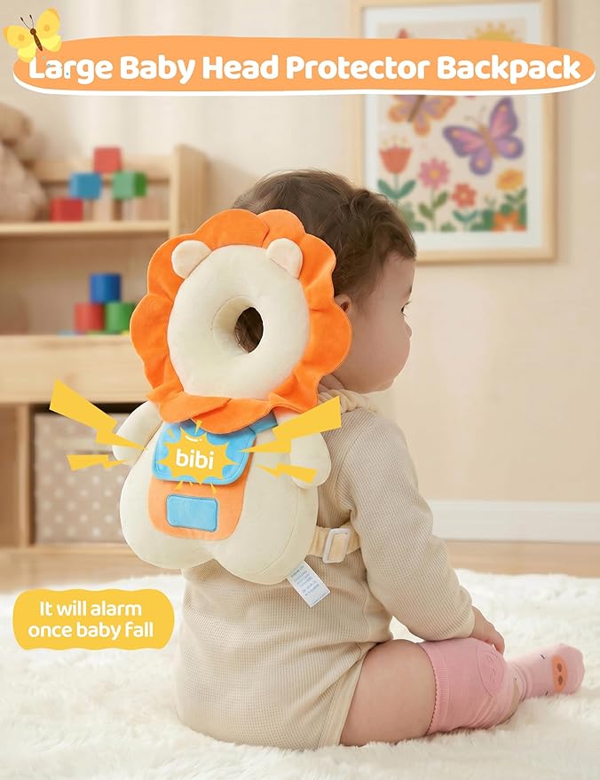 JunNeng Baby Head Protector Backpack with Squeaker, Knee Pads, Anti-Slip Socks, Yellow Lion Sets