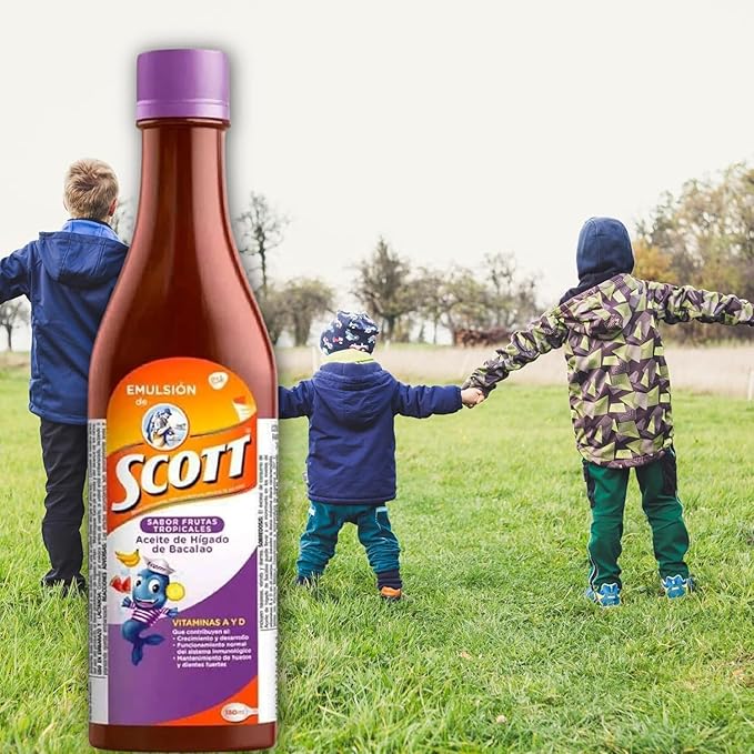 Emulsion de Scott Aceite de hígado de bacalao sabor Frutas Tropicales Pack de 2 de 6.1 fl oz - 180 ml - Suplemento dietético para niños con vitamina A y Calcio -