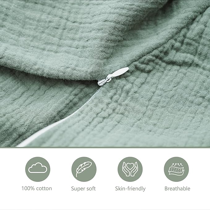 Muslin Nursing Pillow Covers, 2 Pack, Soft & Adorable Slipcovers with Zipper Closure, 100% Cotton Covers for Breastfeeding Pillows (Green)