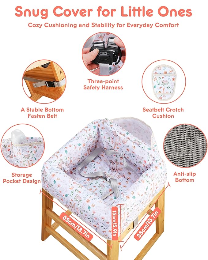 High Chair Cover Portable with 3-Point Harness, Waterproof Baby Seat Cover for Restaurant Travel Home Use, Machine Washable, Fits Wooden Chairs (Yellow Animal)