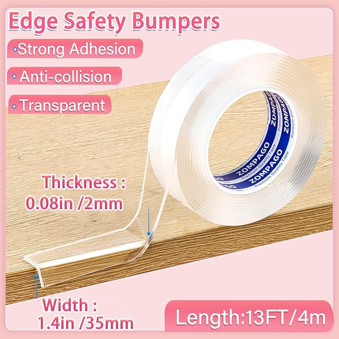 ZOMPAGO Clear Soft Corner Protectors for Baby Safety Furniture Strip 1.4in(W) x13FT(L), Sharp Edge Table Corner Bumpers, Wall Corner Guards, Baby Proof Corner Protectors for Cabinet & Window Edge