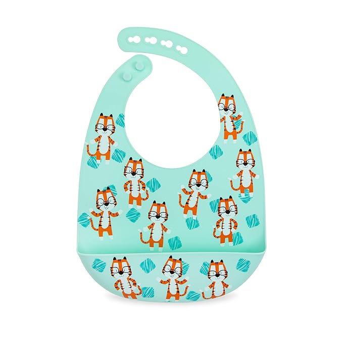Nuby 2 Pack Adjustable Easy Clean Soft Silicone Bibs with Scoop, Tigers & Squares