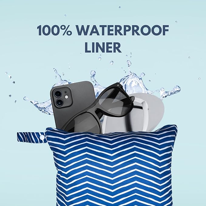 Waterproof Wet Bag for Mom & Baby – Waterproof, Smell Proof, Machine Washable Storage Bag for Cloth Diapers, Baby Clothes, Swimwear & More - Cute Blue Chevron Print 12.6" x 14.6"