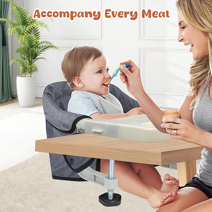 Hook On High Chair with Detachable Tray, Portable Foldable Clip On Baby Travel High Chair, Lightweight Feeding Seat with Storage Bag, BPA-Free Safety Harness for Home Restaurant (Grey)