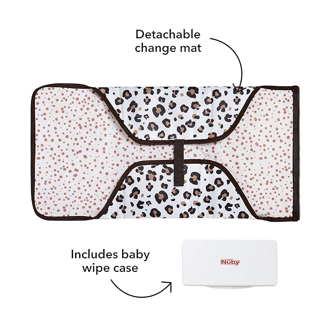 Nuby Portable Baby Changing Pad Station, Quick Wipe Clean Changing Mat with Built-in Pillow, Leopard Print