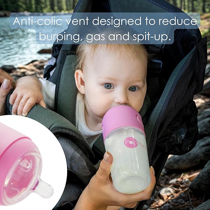 PopYum 5 oz Pink Anti-Colic Formula Making/Mixing/Dispenser Baby Bottles, 2-Pack with #1 Slow Flow Nipples, 150 ml, BPA-Free, Natural Latch