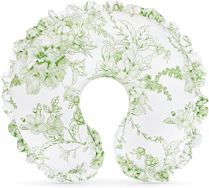 DILIMI Nursing Pillow Cover, Removable Ruffled Pillowcase for Breastfeeding Pillows, Ultra Soft Comfortable Slipcover for Baby Girl and Boy, Green Floral