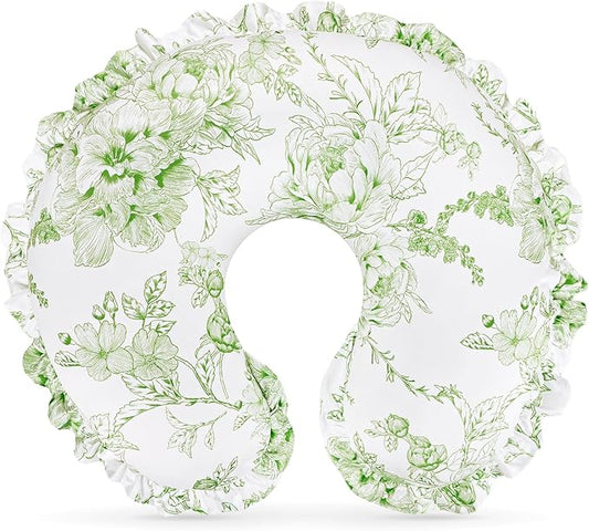 DILIMI Nursing Pillow Cover, Removable Ruffled Pillowcase for Breastfeeding Pillows, Ultra Soft Comfortable Slipcover for Baby Girl and Boy, Green Floral