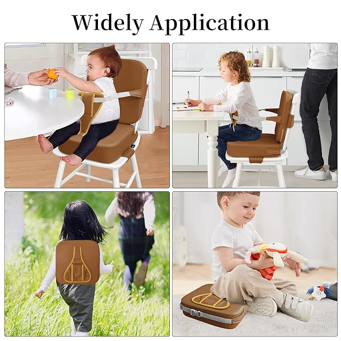 Eiury Toddler Booster Seat for Dining Table – Non-Slip PU Waterproof Cushion with Backrest & Adjustable Straps, Portable Baby Booster Seat (Brown)