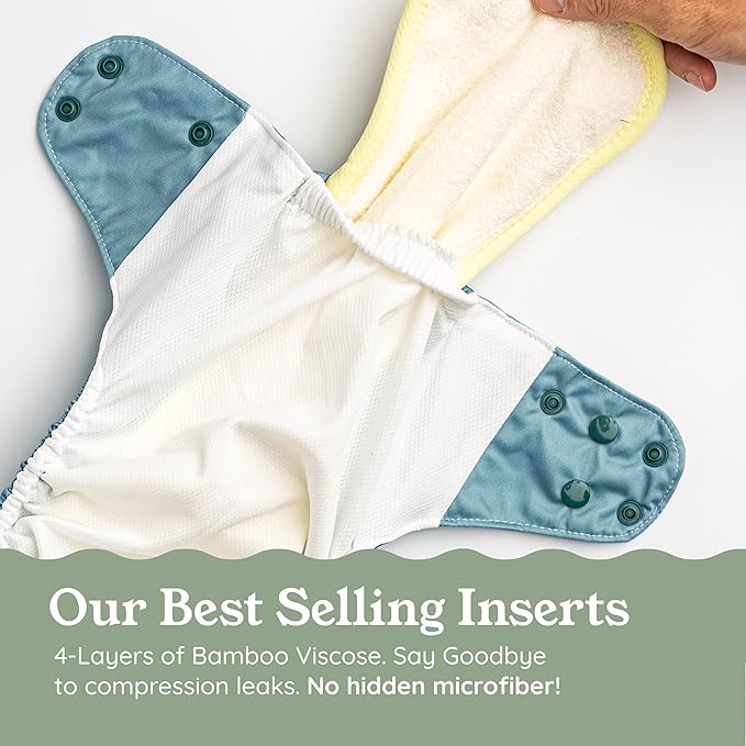 Kinder Cloth Diapers Reusable Baby Diapers Pocket Style Athletic Wicking Jersey, Bamboo Viscose Inserts, Wet Bag, Newborn to Potty Training 7-60lbs, One Size (Tranquil Garden, 10 Pack, with Inserts)