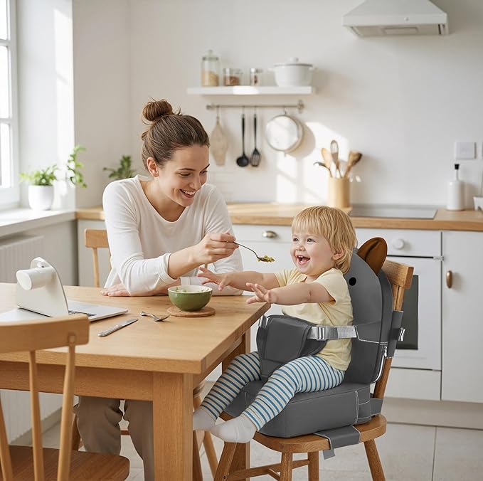 Booster Seat for Kitchen Chair, Toddler Kids Booster Seats for Dining Table with Backrest and Adjustable Strap, Portable PU Waterproof Travel Baby Booster Increasing Cushion (Dark Grey, OneSize)