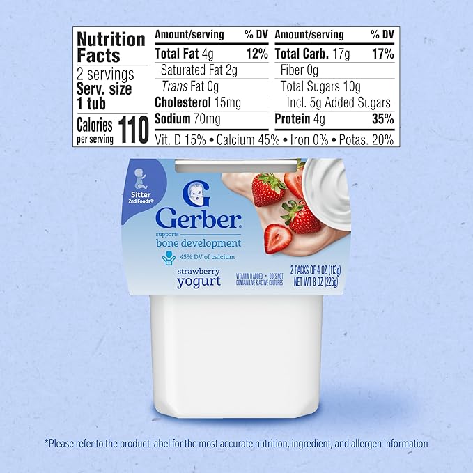 Gerber Stage 2 Baby Food, Strawberry Yogurt Tubs, Calcium Helps Support Bone Development, Baby Yogurt, 2 Count 4oz (Pack of 8)