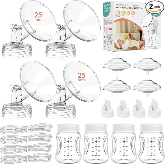 Pump Parts 4PCS Replacement Kit for Spectra S1/S2/S9 Plus/Synergy Gold – Includes 25mm Flanges, Duckbill Valves, Backflow Protectors, Tubes & Bottles (Not Original Accessories)