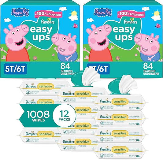 Pampers Easy Ups Pull On Training Underwear Girls, 5T-6T, 2 Month Supply (2 x 84 Count) with Sensitive Water Based Baby Wipes 12X Multi Pack Pop-Top and Refill (1008 Count)
