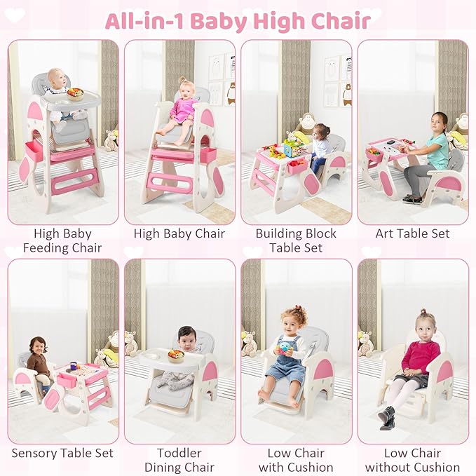 BABY JOY Baby High Chair, 8 in 1 Convertible High Chairs for Babies and Toddlers, Building Block Table and Chair Set, Adjustable Backrest, Removable Double Tray, Storage Boxes, Safety Harness (Pink)